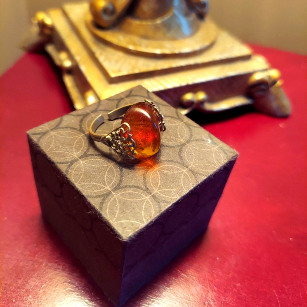 German Baltic Amber Cabochon Silver Ring - Open back Vintage Rare & Beautiful!